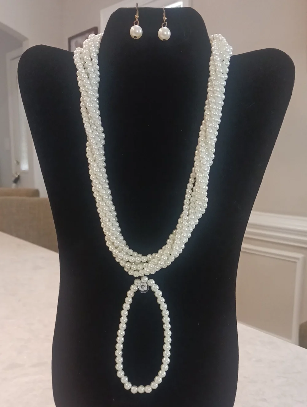 Classic Pearl Multi-Strand Necklace with Bracelet and Pearl Earrings- White